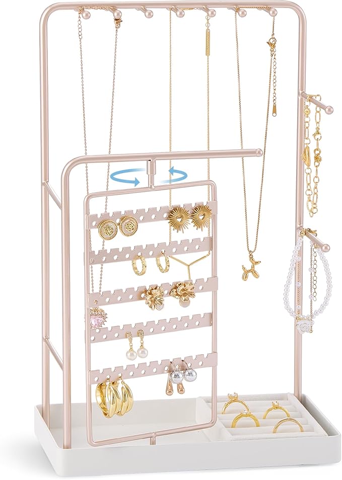 ProCase Jewelry Stand Holder Organizer, Jewelry Display Storage with Ring Tray, No-Assembly Needed, Rotating Earring Bracelet Necklace Holder, Christmas Gifts Room Dorm Decor for Teen Girls -Champagne