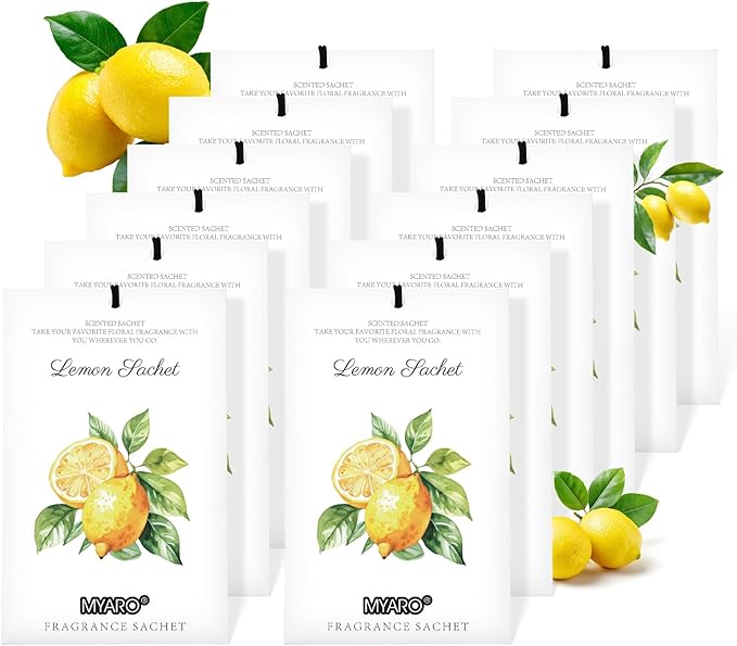 MYARO 12 Packs Lemon Scented Sachets for Drawer and Closet - Long Lasting Bathroom Odor Deodorizer Fresh Scents Car Air Refrehener Home Fragrance