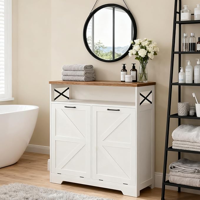Tilt Out Trash Can Cabinet for 13 * 1 Gallon Trash Can, Farmhouse Kitchen Island Cabinet with Adjustable Shelf for Hidden Laundry Basket, Dog Proof Garbage Can for Dining Living Room, White