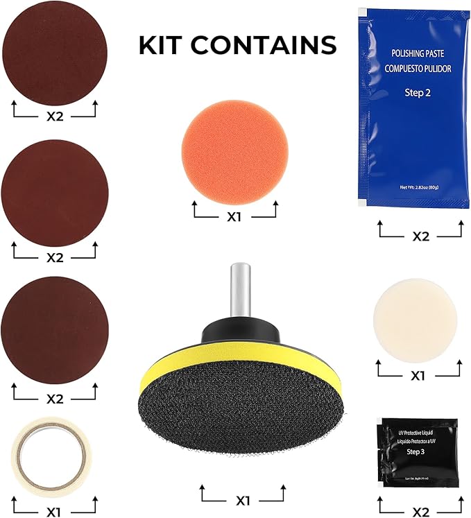ISINFLASH Car Headlight Restoration Kit, 3 Easy Steps to Restore Sun Damaged Automotive Headlights Lens, Polish Restorer Cleaner Tool DIY Polishing, Sanding Discs, Scouring Pads for Electric Drill