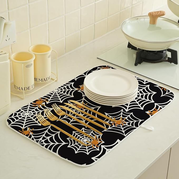 Halloween Dish Drying Mat 18 x 24 Inch Spider Web Drying Mat for Kitchen Counter Absorbent Spiders Black Dishes Dry Pad for Drainer Rack Kitchen Fast Dry
