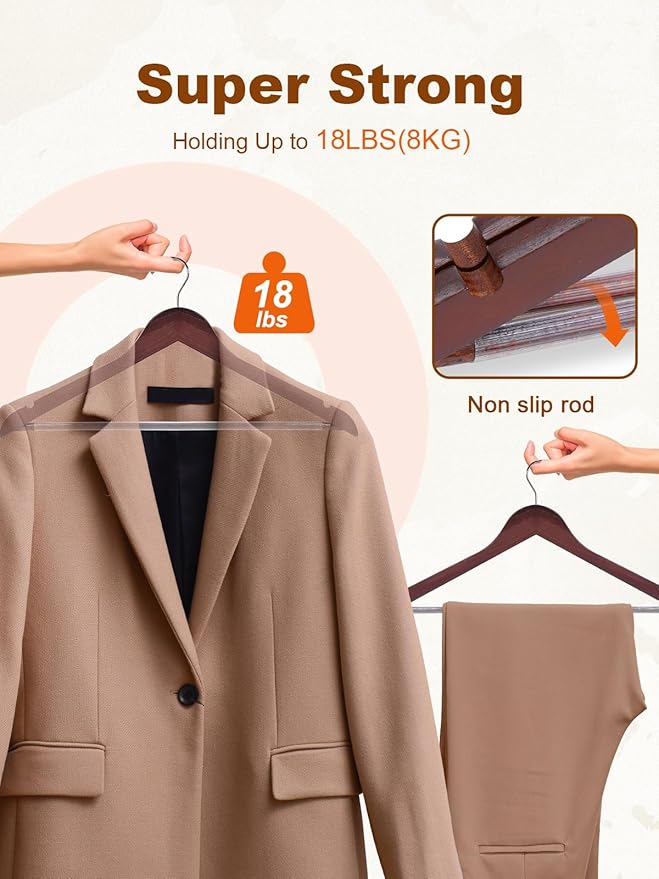 HOUSE DAY Cherry Wooden Hangers 30 Pack, Solid Wood Hanger with Non Slip Pant Bar, Heavy Duty Wooden Coat Hanger for Closet, Smooth Finish Wood Clothes Hangers for Shirts, Suits, Jackets, Dress