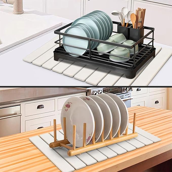 Stone Drying Mat for Kitchen Counter, Stone Dish Drying Mat Foldable, Super Absorbent Diatomaceous Earth Quick-drying Draining Mat for any Kitchen Countertop (White B, 23.6”x15.4”)