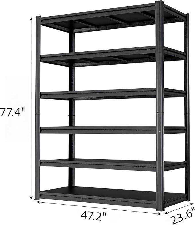 Garage Shelving Unit, Heavy Duty Metal Adjustable Storage, Steel Shelves, Industrial Shelves for Heavy Tools and Equipment, Ideal for Garage, Basement, Black (6-Tier, 77.4" H x 47.2" W x 23.6" D)