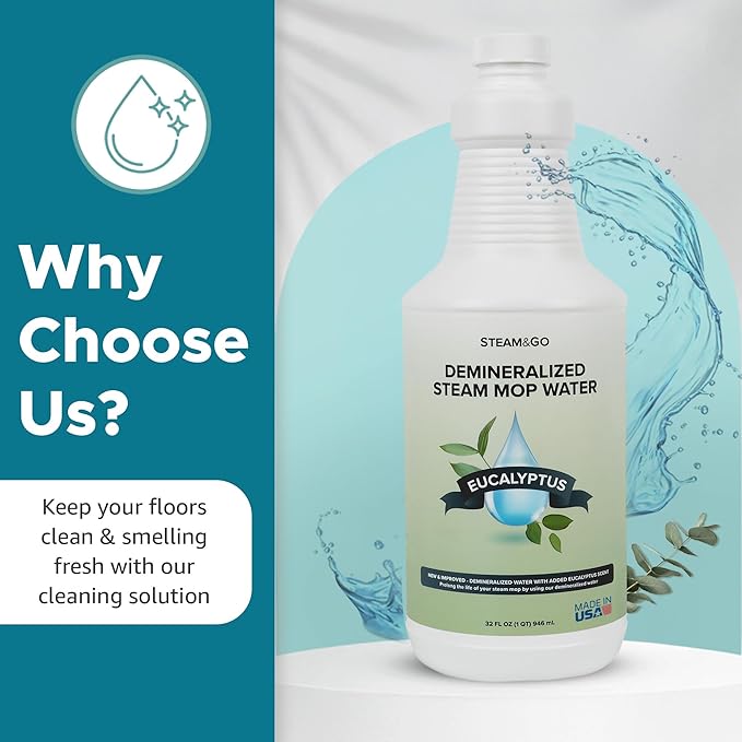 Steam and Go Demineralized Water - Multi-Surface Cleaning Solution for Steam Mop, Ready-to-Use Floor Cleaner, Ideal for Home & Office, Compatible w/Any Steam Mop - Eucalyptus Mint, 32oz, Pack of 12