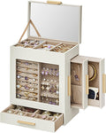 SONGMICS Jewelry Box with Glass Window, 5-Layer Jewelry Organizer with 3 Side Drawers, Jewelry Storage, with Big Mirror, Modern, 5.1 x 7.9 x 9.7 Inches, Cloud White and Metallic Gold UJBC172W01