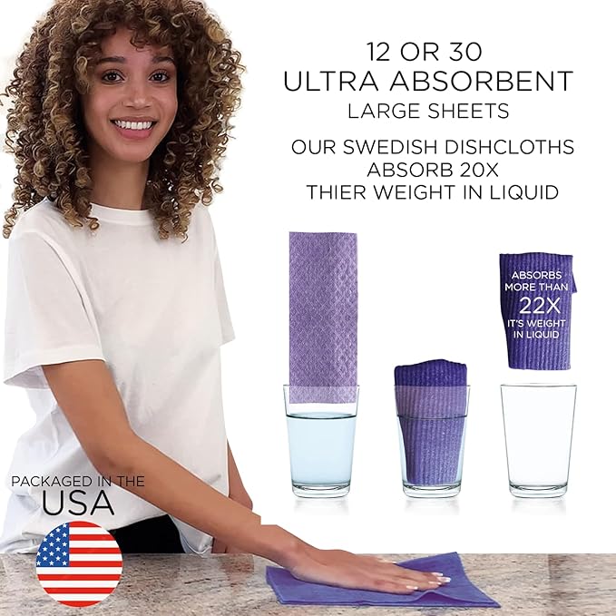 LOLA Swedish Dishcloths for Kitchen XL, 12 Sheet Roll, Biodegradable & Compostable, Reusable Paper Towel Cleaning Cloths, 11" x 10", No Odor, Washing Dishes, Ultra Absorbent Cellulose Sponge Towel