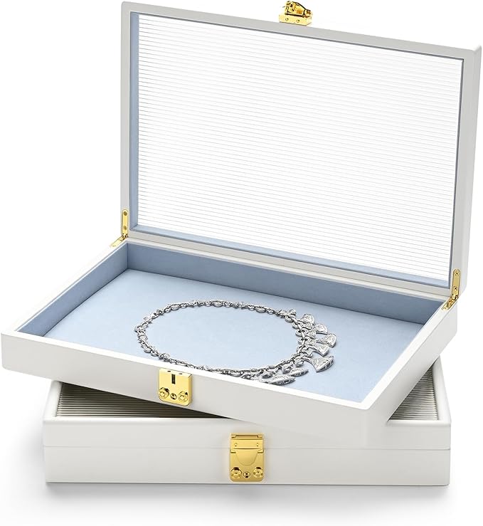 Oirlv White 12 Gird Luxury Leather Jewelry Organizer Tray with Clear Lid Lockable Jewelry Box Bangle Holder Box for Women (Blue Interior) 12 Grid