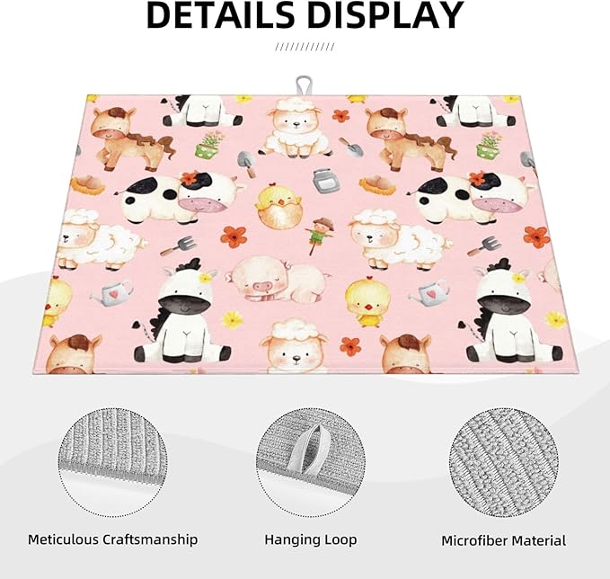 Pink Farm Animal Dish Drying Mat for Kitchen Counter Cute Kitchen Mat Microfiber Kitchen Countertop Absorbent Reversible Drainer Rack Pad Dish Drying Mat 18 x 24 Inch