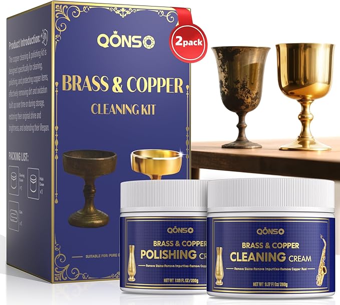 QONS Brass Polish Copper Cream Cleaner Kit - Instant Polishing Cream And Protective Tarnish Removal, Metal Cleaner And Brightener For Antiques, Music Instruments, Copper Kettle And Sinks