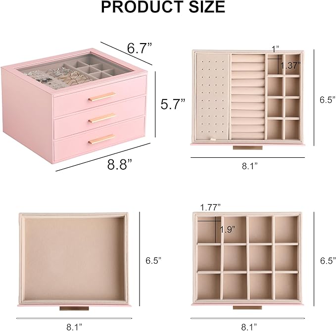 Frebeauty Clear Lid Jewelry Box,3-Layer Jewelry Organizer with Drawer,PU Leather Jewelry Organizers and Storage,Jewelry Boxes for Women,Jewelry Storage for Rings Earring Stud,Gift for Women(Pink)