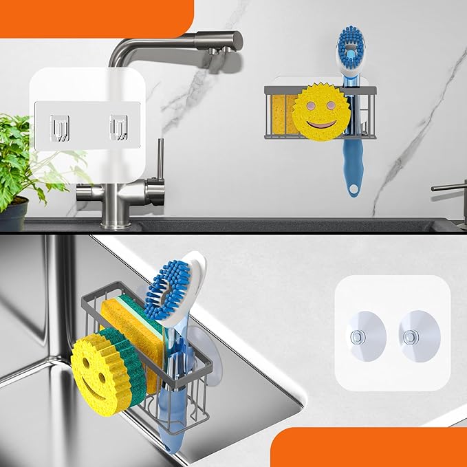 MURLONG Sponge Holder Smiley Face,Sink Caddy for Kitchen Sink,Sponge Holder with 2 PCS Suction Cups/1 PCS Adhesive Strips,Designed for Sponge,Soap,Dish Brush,Scrubber-Charcoal Gray