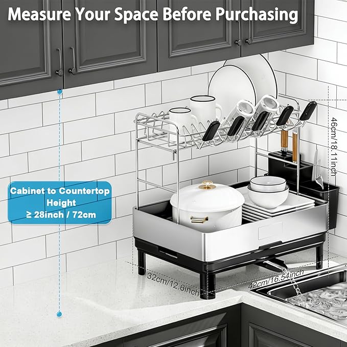 Ewaiira Dish Drying Rack, 2 Tier Large Dish Rack, Stainless Steel Dish Drainer for Kitchen Counter, Dishes Rack with Automatic Drainage, Utensil Holder,Cups Holder,Space Saving Kitchen Organizer,Black