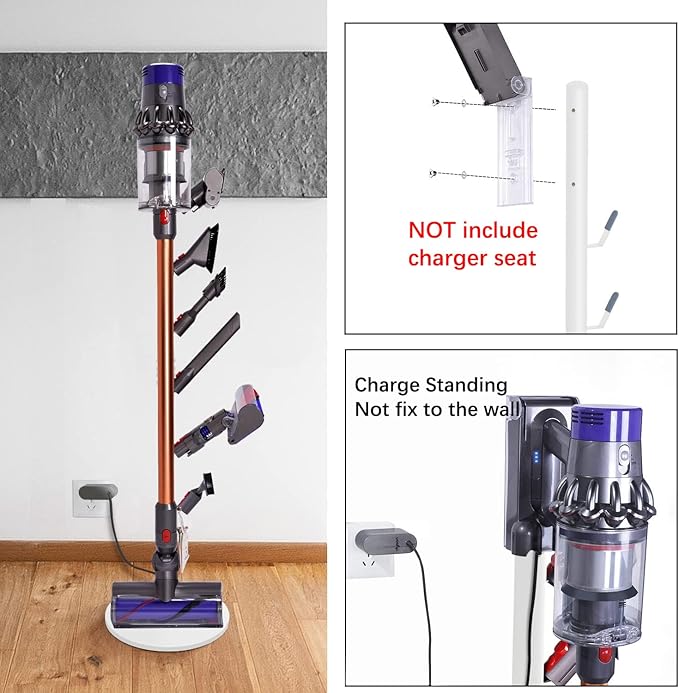 Freestanding Vacuum Stand Holder Compatible with V15 Detect, V11 V10 V8 V7 V6 Cordless Vacuum Cleaners, Floor Docking Station Metal Organizer Bracket with 6 Hooks, White