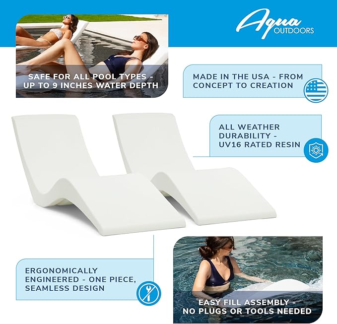 Aqua Outdoors - in-Pool Chaise Lounger - Pool & Sun Shelf Lounge Chair - Designed for Water Depths Up to 9” - Compatible with All Types - Poolside & Sun Deck Tanning - Set of 2 - Gray Granite