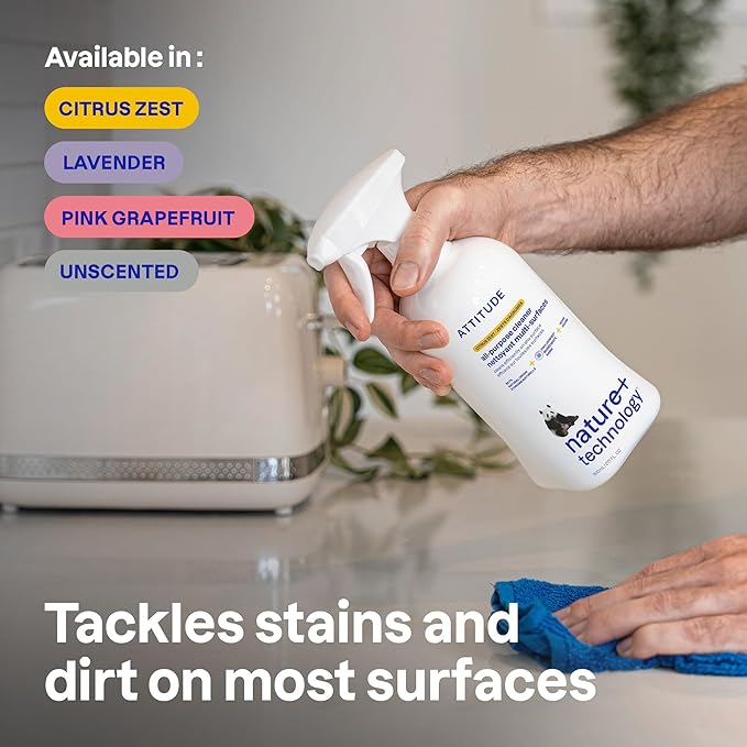 ATTITUDE All Purpose Cleaner Spray, EWG Verified, Vegan, Made with 94% Plant-Based Ingredients, Streak-Free for Kitchen, Bathroom, Glass & More, Unscented, 27.1 Fl Oz (Pack of 3)