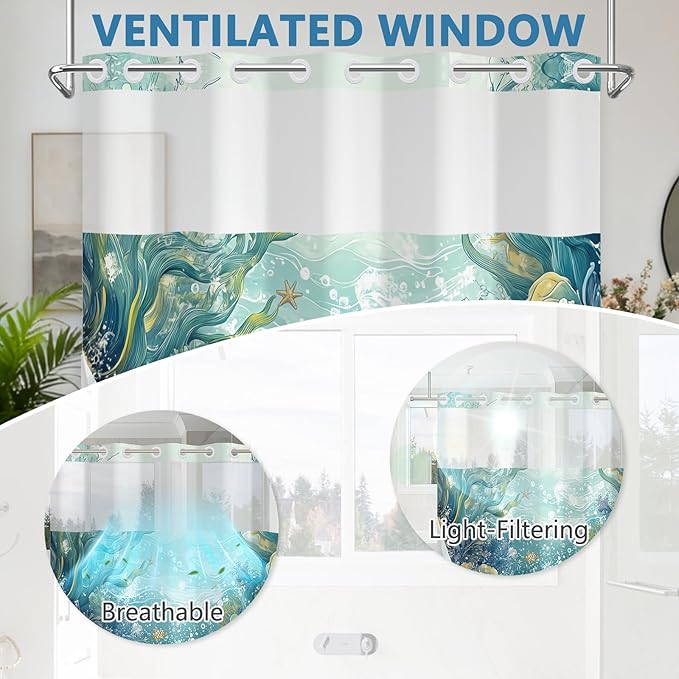 Ocean Theme No Hook Shower Curtain with Snap in Liner, Double-Layer Waterproof Shower Curtains with Mesh Top Window and Weighted Hem, Starfish Coastal Shower Curtain for Bathroom Decor, 71x74 Inches