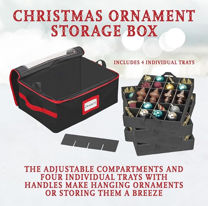 HOLDN’ STORAGE Christmas Ornament Storage Box with Dividers - Fits 96-3” Ornaments, 4 Removable Trays, Durable & Space-Saving, Clear Top Lid, Convenient Storage Designed, Black