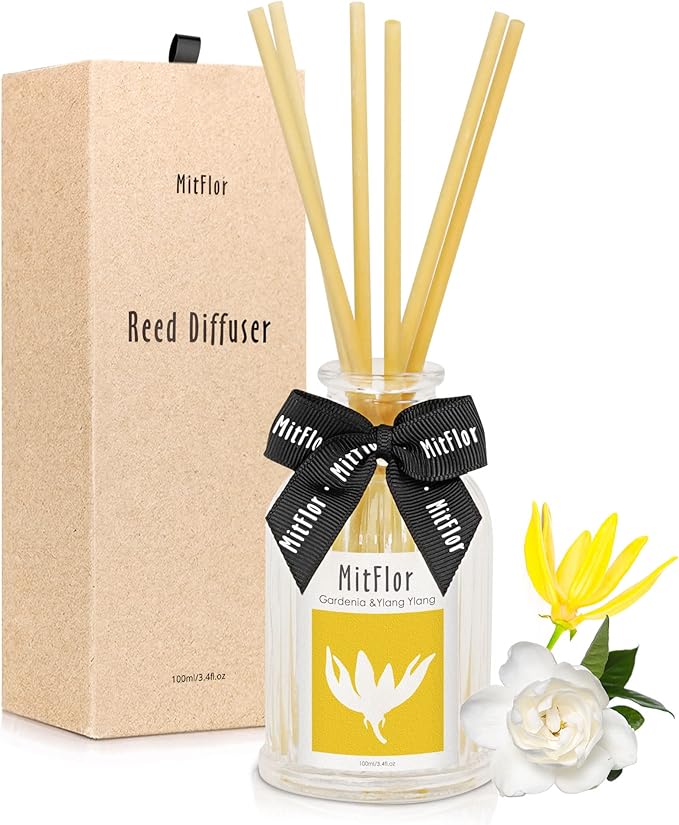 Fragrance Diffuser, MitFlor Gardenia &Ylang Ylang Reed Diffuser Gift Set, Natural Room Freshener with Rattan Sticks, Scent Oil Diffuser for Living Room, Bedroom, Bathroom, and Home Decor, 3.4 fl oz