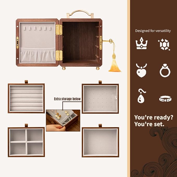 Kinsuite Black Walnut Jewelry Box - 4-tier Jewelry Organizer with Secure Double-Door, Safe with Lock for Earring, Ring, Necklace, Bracelets, Mirror with Floral & Butterfly Patterns