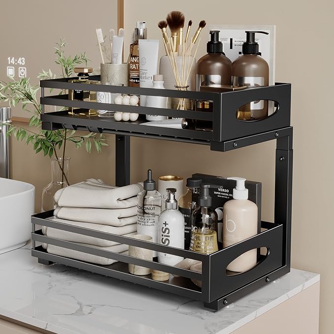 mixeshop Under Sink Organizer, 2 Tier Under Sink Organizers and Storage, Adjustable Height, Slide out Metal Cabinet Organizers, Pull out Cabinet Storage Drawer Shelf for Kitchen Bathroom Black 2Pack