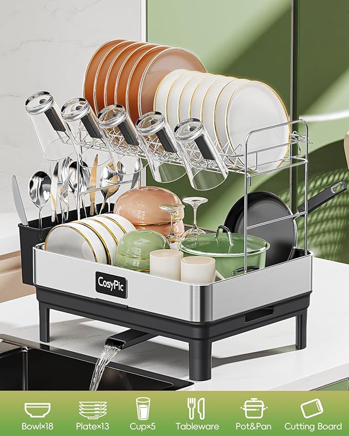 CosyPic 2 Tier Dish Drying Rack, Thicker Premium 304 Stainless Steel Dish Racks for Kitchen Counter, Automatic Drainage Spout, Dish Drainer & Drainboard Set with Utensil Holder and Cup Holder, Black