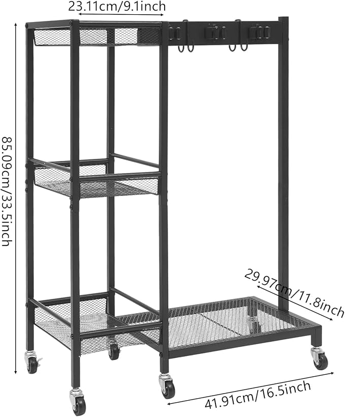 Cleaning Tool Rack, Broom Closet Storage Cabinet with Wheels, Cleaning Cart with Mop Hanger Gripper Rack Hooks, Cleaning Cart with 3-Tier Shelves for Laundry Room, Kitchen, Garage
