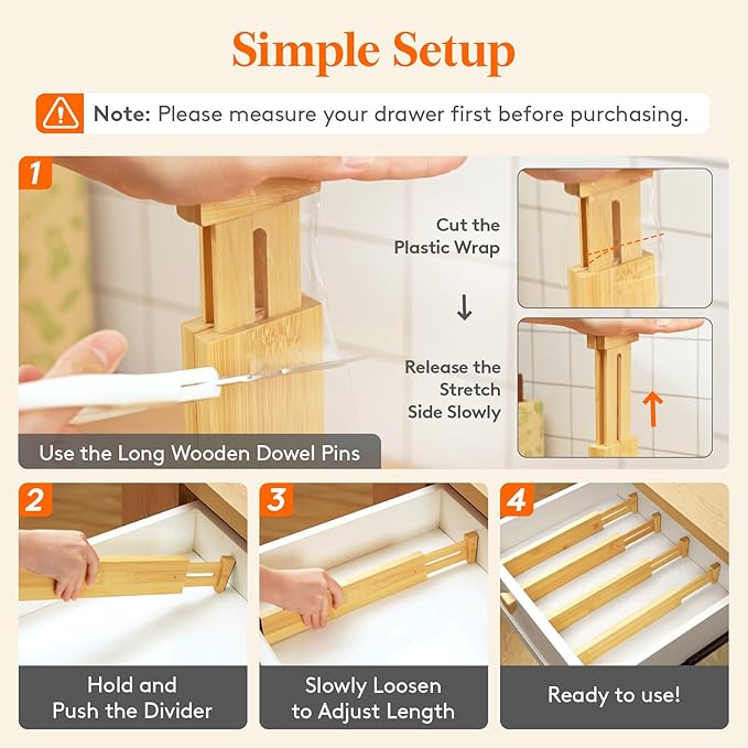 Lifewit 6 Pack Bamboo Drawer Dividers 2.4" High, 13-16.5" Kitchen Drawer Organizers, Adjustable Wooden Drawer Dividers for Clothes, Expandable Drawer Separators for Dresser, Bedroom, Bathroom, Cabinet