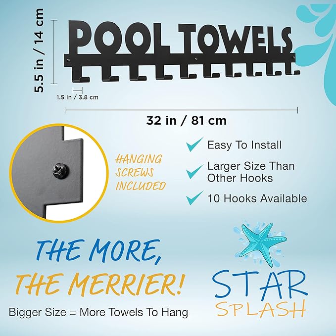 Star Splash Pool Towel Rack – Outdoor Towel Rack Holder & Swimming Pool Accessories, Pool Towel Hanger, Towel Drying Rack Pool Decor, Rust Proof Pool Signs and Decor Outdoor & Inside with 10 Hooks