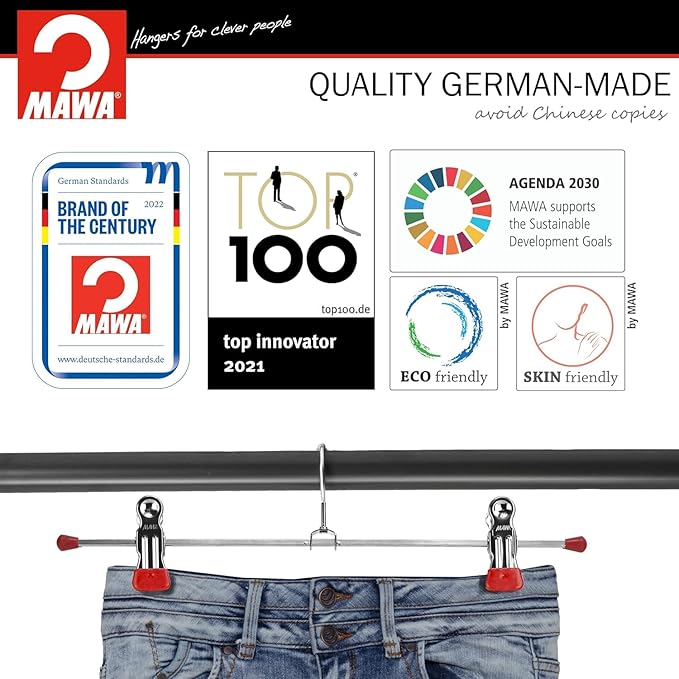 Mawa by Reston Lloyd Non-Slip Space-Saving Clothes Hanger for Pants & Skirts with Two Clips, Style K/40D, Set of 10, 15 3/4"L, Red