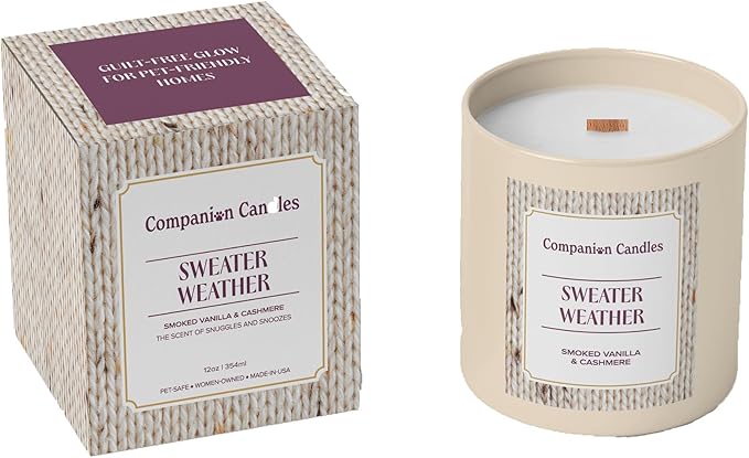 Companion Candles Pet Safe Wood Wick Candle - Limited Edition Fall Sweater Weather: Smoked Vanilla & Cashmere, Over 50 Hr Burn Time, Non-Toxic, Women-Owned, Made in USA (11.8 oz.)