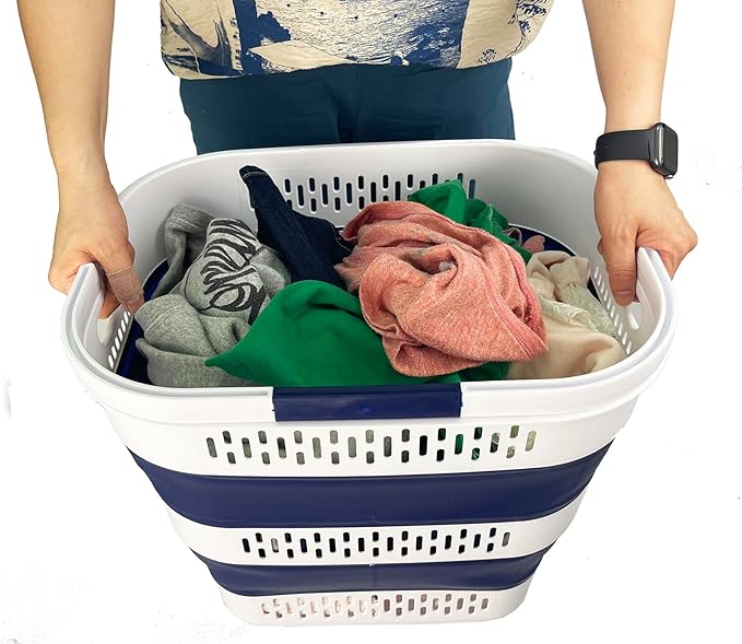 SAMMART 38L (10 Gallon) Collapsible Plastic Laundry Basket - Portable Pop-Up Storage Container/Organizer – Foldable Space Saving Laundry Hamper (2, White/Starry Blue)