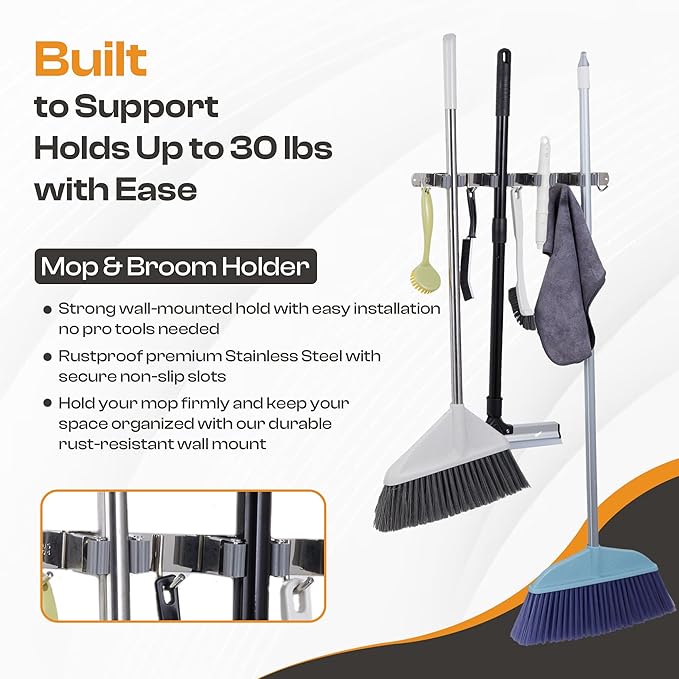 Heavy-Duty Stainless-Steel Broom Holder Wall Mount with 4 Racks and 5 Hooks | Rust Resistant Mop and Broom Hanger | Adjustable, Garage & Garden Tool Organizer | Silver Color