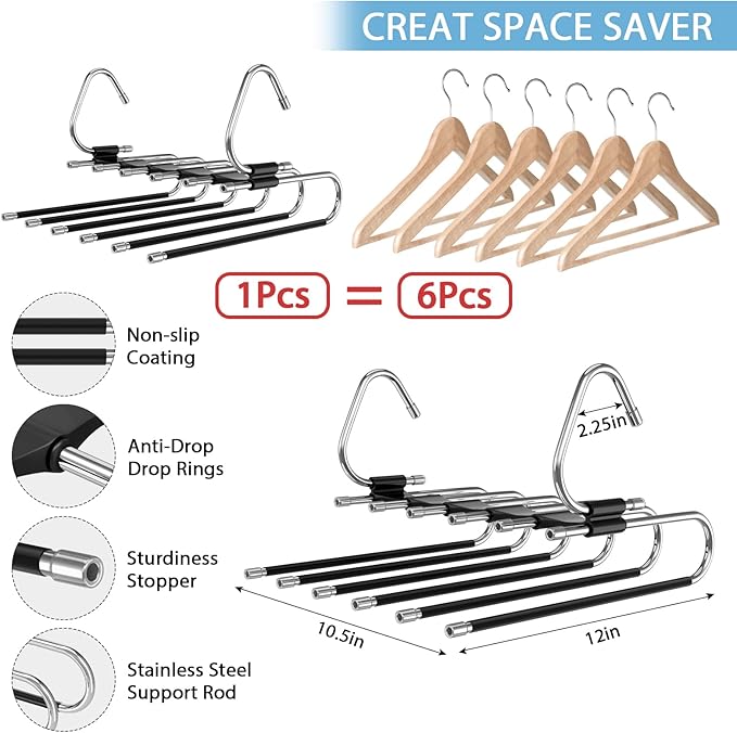 Besslly Upgrade 6 Layers Pants Hangers Space Saving, 2 Pack Stainless Steel Multifunctional Rack Non Slip S-Type Pant Closet Organizer Saver for Leggings Jeans Trousers Scarf, Black