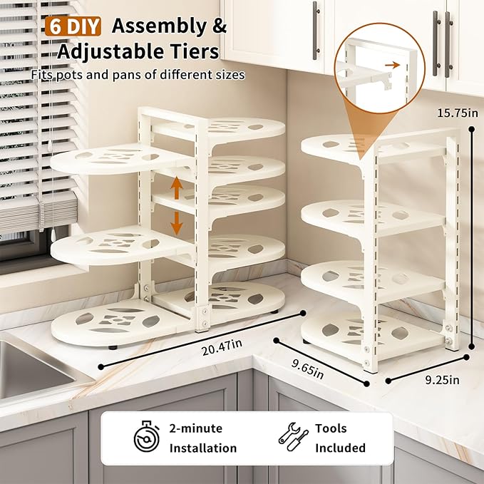 Fovkdcvw Adjustable Heavy Duty Pots and Pans Organizer Under Cabinet, 8-Tier Pot and Pan Organizers Inside Cabinet, Kitchen Cabinet Organizers and Storage, White