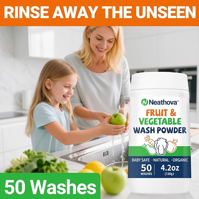 Fruit & Veggie Wash Powder, Natural Organic Produce Cleaner for Pesticides & Wax Removal, Gentle Enough for Baby Food, Fruit vegetable wash,Single Ingredient, 50 Washes, 4.2oz (120g)