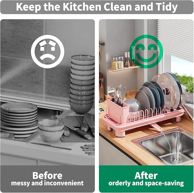 Small Dish Drying Rack with Removable Utensil Holder & Anti-Scratch Base - Stainless Steel Dish Rack, Dish Drying Rack with Drainage & Space Saving Design for Kitchen Counter, Pink
