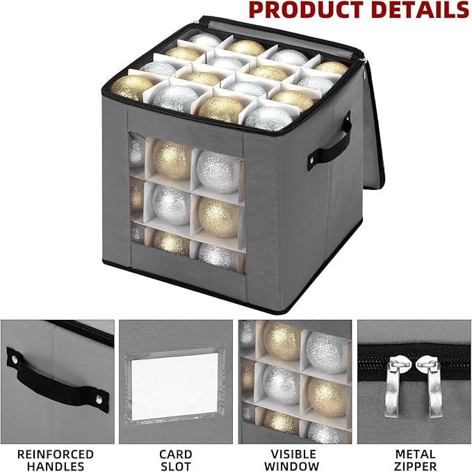 inin Christmas Ornament Storage Box with Adjustable Dividers,Christmas Ornaments Organizer with Zippered Top,Storage Container Bin for Holiday Decorations(64 Ball, Gray, Without Tray)