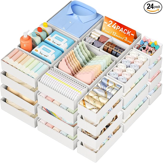 DIMJ Drawer Organizer Clothes Storage - 24 Pack Baby Dresser Organizer for Nursery Closet Organization, Fabric Drawer Organizer Bins for Underwears Socks Bras, Foldable Storage Dividers for Bedroom