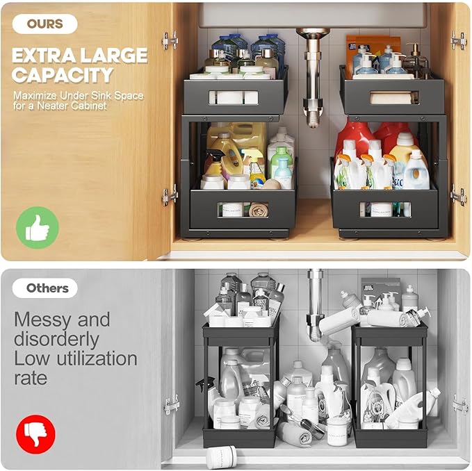 1 Pack 17IN Depth Under Sink Organizer, 2-Tier Pull Out Cabinet Organizer With Smooth Circular Rail, Large Capacity Metal Mesh Sliding Drawers For Bathroom& Kitchen Storage,Height Adjustable –Black