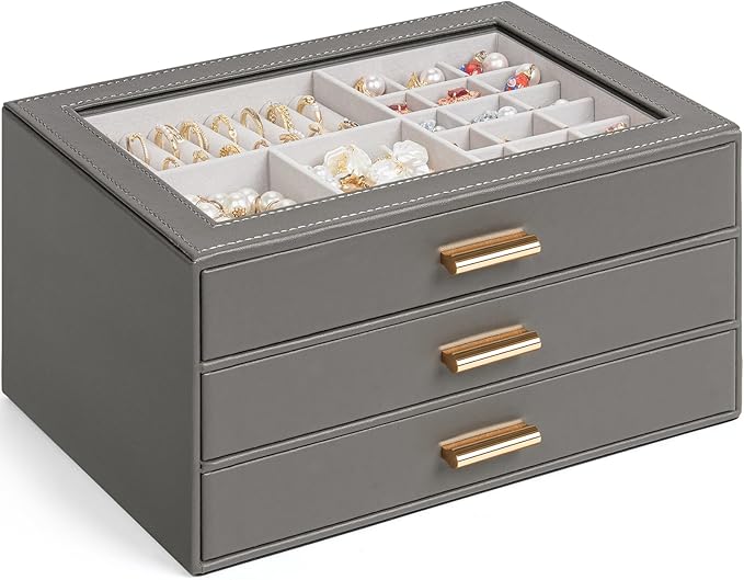 AKOZLIN Jewelry Box with Clear Lid Functional Leather Jewelry Storage Organizer Case 3 Drawers for Women Girls Necklace Ring Bracelet Earring
