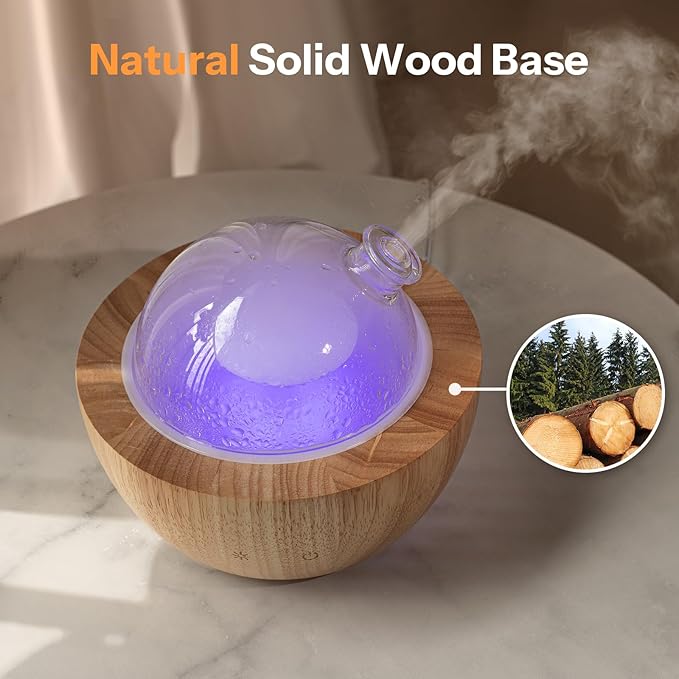 Wanlola 280ml Glass Essential Oil Diffuser with Natural Wood Base, The 2025 Upgrade Aromatherapy Diffusers for Home, Cool Mist Air Aroma Diffuse Humidifier with 7 Color Lights for Office, Bedroom