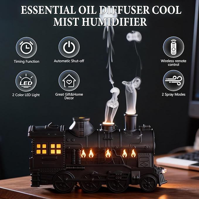 Train Diffuser 300ML Essential Oil Diffuser Cool Mist Humidifier Aroma Diffuser,2 Color Light 2 Mist Modes,3-in-1 Vintage Steam Train Diffuser Humidifier with Remote Control,Home Decor & Gift (Black)