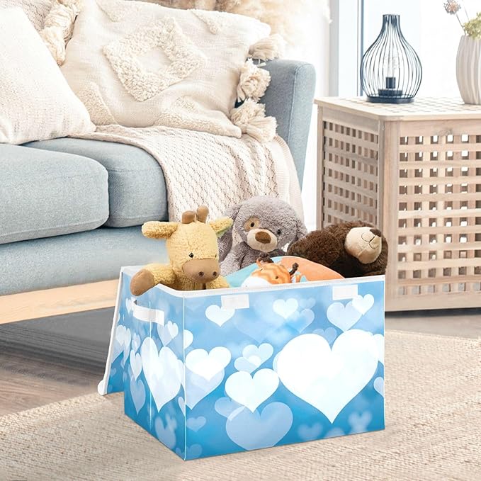 senya Valentines Baskets Collapsible Storage Bins with Lids, Blue Abstract Heart Storage Boxes Clothes Baskets for Organizing