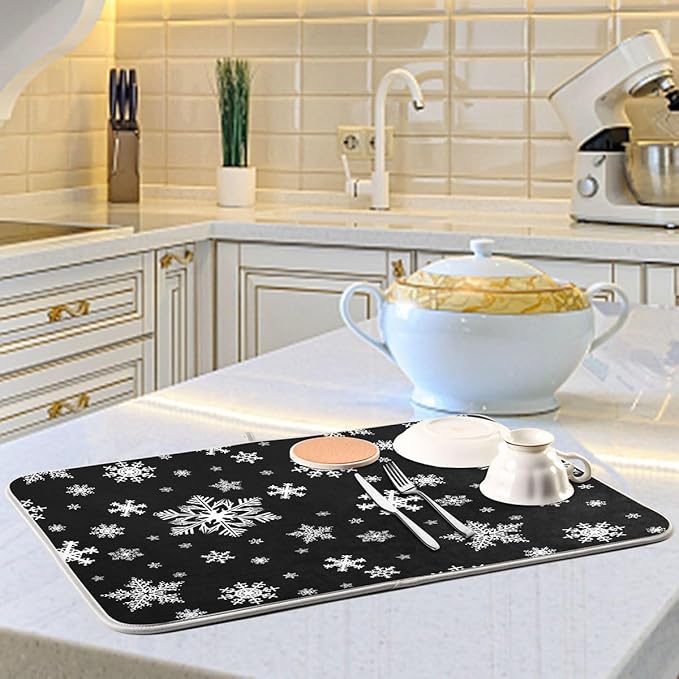 Winter Snowflake Black Dish Drying Mat for Kitchen Christmas Snowflake Xmas Microfiber Drying Mats Absorbent Reversible Dish Pad Medium Dish Draining Mat 16x18 inch