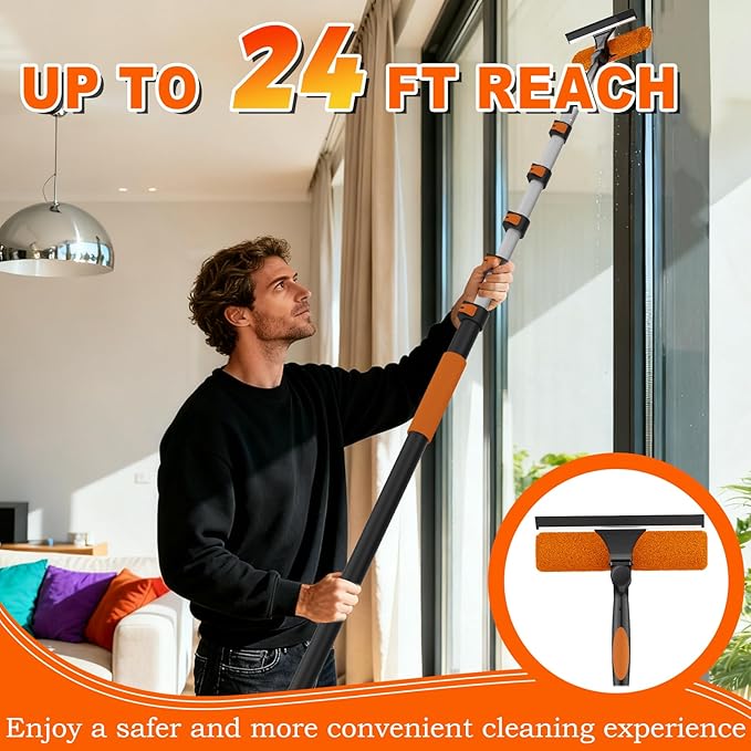 SISUPASSIE 30FT Reach Window Squeegee with Extension Pole, 2-in-1 Professional Window Washing Kit for Home, Indoor Outdoor Squeegee with Rotatable Head for High Windows