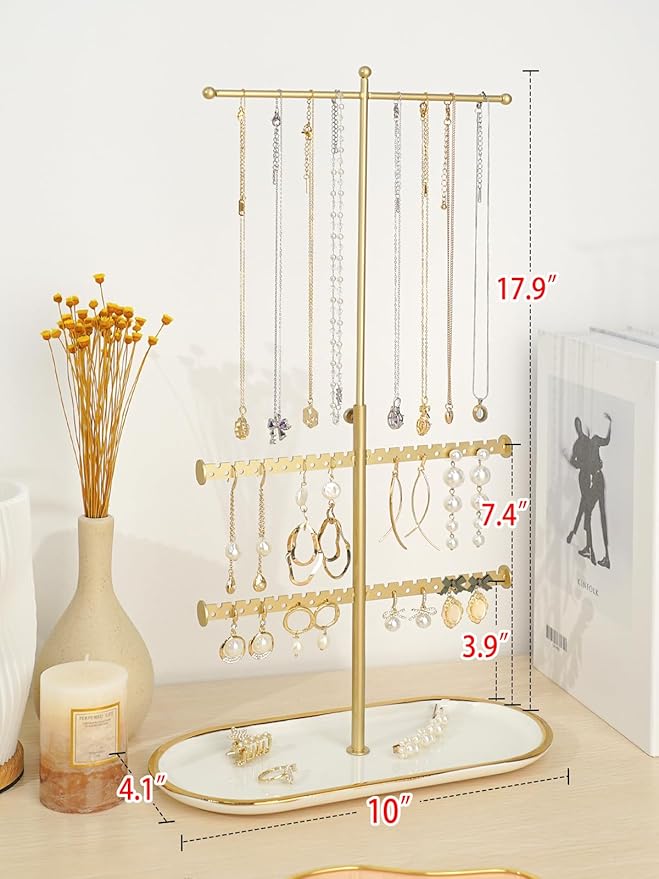 Jenseits Gold Jewelry Organizer Stand with Ceramic Tray – Cute Jewelry Holder for Necklaces, Earrings, Rings & Bracelets, Decorative Jewelry Display for Vanity Dresser, Great Gift for Women & Girls