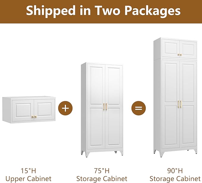 Kitchen Pantry Cabinet, 90" Tall Metal Storage Cabinet, Food Pantry cabinets with Doors and Shelves, Storage Cabinets for Living Room, Dining, White,16" D x 32" W x 90" H, Assembly Required