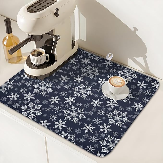Christmas Dish Drying Mat for Kitchen Counter 18x16 Inch Xmas Snowflake Drying Mat with Absorbent Reversible Microfiber Blue Dish Drainer Mats Rack Pad for Coffee Countertop Protector