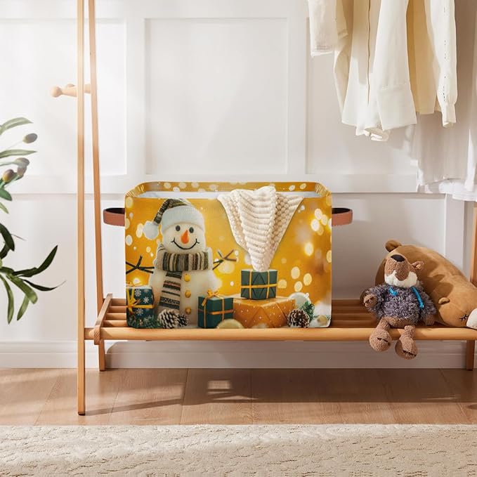 Storage Baskets Bin, Christmas Winter Snowman Collapsible Canvas Fabric Storage Bin Decorative Baskets Toy Organizer Rectangle Storage Boxes with Handles for Home Shelves Nursery, J-017